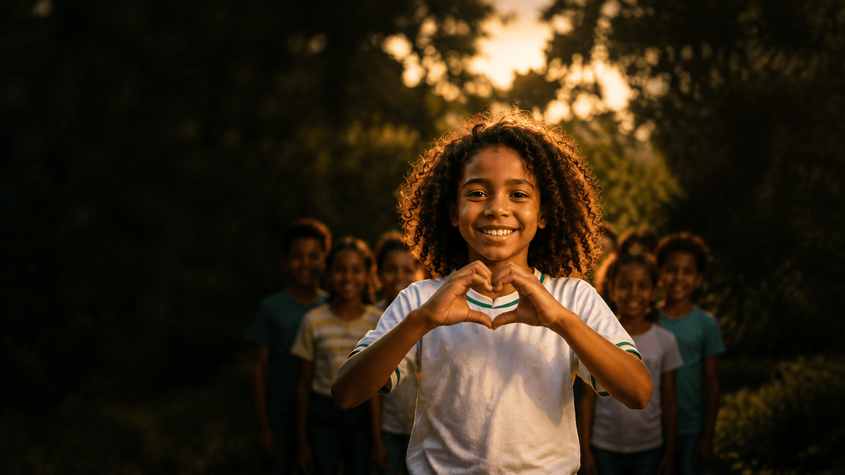 Menina sorrindo faz coração com as mãos, cercada por outras crianças, em ação da Recreio Solidário.
